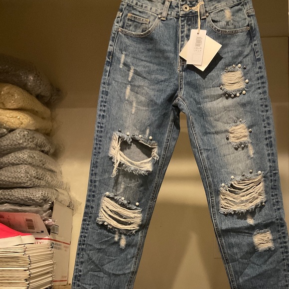 🆕Med Dark Blue Pearl Embellished Boho Distressed Ripped Knee Straight Leg Jeans - Picture 4 of 9